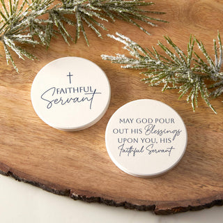 Set of two cream and navy Christian ceramic car coasters featuring “Faithful Servant” and a blessing message.
