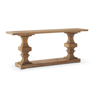 A rustic wooden console table with a medium brown finish, featuring turned pedestal legs and a lower shelf, shown on a plain white background.