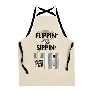 Flippin’ and Sippin’ canvas grilling apron with beer bottle pocket and removable bottle opener flashlight keychain