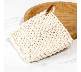 Cream Chunky Knit Pot Holder with Leather Strap