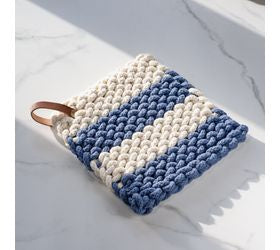Cream and Blue Stripe Knit Pot Holder