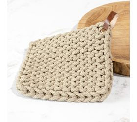 Tan Chunky Knit Pot Holder with Leather Strap