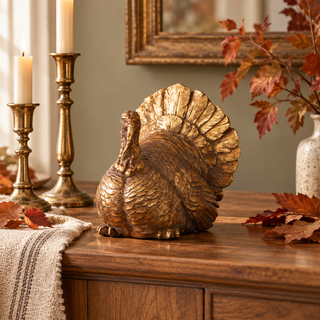 Antique gold turkey figurine styled on a warm wood sideboard with brass candlesticks, oatmeal linen, and muted autumn leaves.