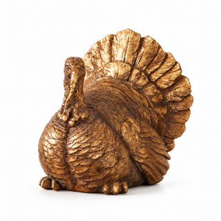 Antique gold turkey figurine with detailed layered feathers shown on a clean white background.