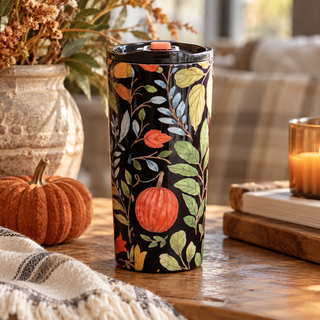 20 oz insulated stainless steel coffee tumbler with watercolor pumpkins and autumn florals on a black background, styled on a rustic wooden table with a fall pumpkin, textured vase, cozy throw, and glowing candle.