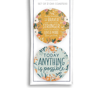 Set of two floral ceramic car coasters featuring “You Are Braver, Stronger & Loved” and “Today Anything Is Possible.”