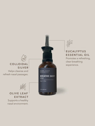 A bottle of Some Caka Organics Breathe Easy Nasal Spray centered on a warm beige background, with callout lines and text describing ingredients: colloidal silver, eucalyptus essential oil, and olive leaf extract.