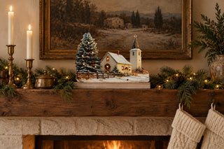 Lighted snowy town church silhouette displayed on a warm wood Christmas mantel with evergreen garland, brass candlesticks, and cream knit stockings.