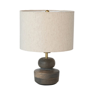 Mango Wood Table Lamp w/ Botton Shade, Brass Finish & Grey