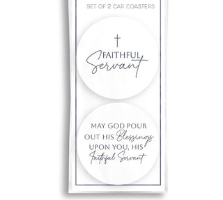Packaged set of two cream and navy Christian ceramic car coasters featuring coordinating Faithful Servant messages.