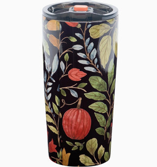 20 oz stainless steel insulated coffee tumbler featuring watercolor orange pumpkins, fall flowers, and autumn foliage on a black background with a black lid and orange push-button spout.