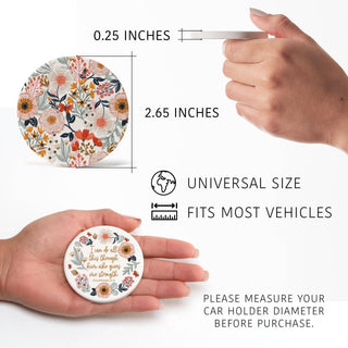 Floral ceramic car coasters measuring 2.65 inches in diameter and 0.25 inches thick to fit most vehicle cup holders.