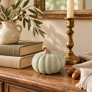 A small decorative faux pumpkin in a textured sage green glaze with a natural brown stem
