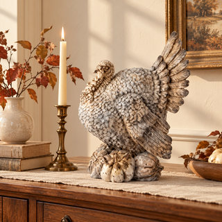 17-inch whitewashed turkey figurine with layered feathers and pumpkin base styled on a warm wood sideboard with brass candlestick and autumn foliage.