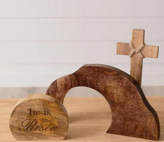 He Is Risen Mango Wood Shelf Sitter