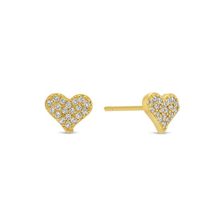 A pair of gold heart stud earrings paved with small clear stones, shown on a plain white background. One earring is facing forward and the other is turned to show the post and backing.