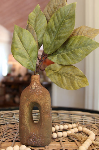18-inch faux magnolia leaf stem with deep green and copper-brown leaves