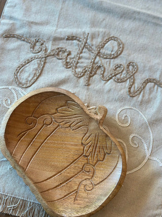 Small carved mango wood pumpkin tray with etched botanical design