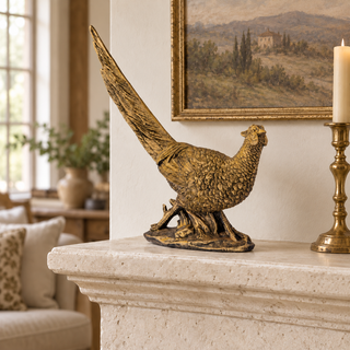A decorative gold pheasant figurine displayed on a light stone mantelpiece in a styled living room setting, with a framed landscape painting and a candlestick holder in the background.