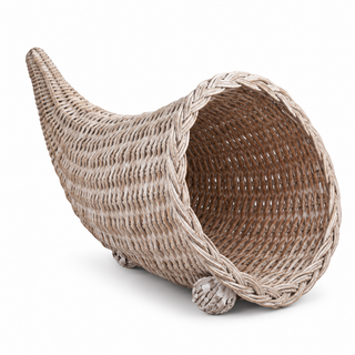 A hand-woven natural fiber horn-shaped decorative piece, shown on a clean white background.