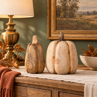 Small and large handmade mango wood pumpkins shown at realistic scale on a warm wood console against a muted olive-green wall.