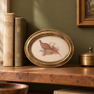 Petite oval pheasant artwork in an antique gold frame styled with vintage books and brass décor on a warm wood shelf against a muted olive wall.
