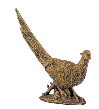 Antique gold resin pheasant figurine with detailed feathers and a tall upturned tail