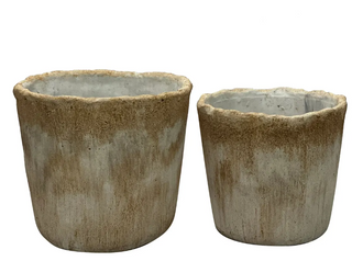 Two rustic concrete planters with rough, uneven edges and a textured finish, shown on a plain white background.