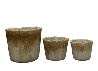 Three rustic ceramic planters in graduated sizes with a textured, earthy brown and beige glaze, shown against a plain white background.