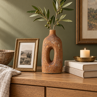 Emilio sculptural stoneware vase with olive stems styled on a warm wood console against a muted green wall with aged-brass and neutral accents.