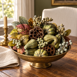 Green gourd and berry bowl filler with textured seed pods and muted fall leaves styled in an aged brass bowl on a warm wood dining table.
