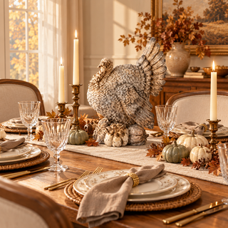 17-inch whitewashed turkey figurine displayed as the centerpiece of an elegant Thanksgiving tablescape with neutral dinnerware, brass candlesticks, and muted pumpkins.