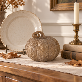 5.5-inch beige textured decorative pumpkin styled on an oatmeal runner with neutral stoneware, vintage books, and an aged-brass candlestick.