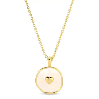 A gold chain necklace with an irregularly shaped gold pendant featuring a pale pink iridescent center and a small gold heart in the middle, shown on a plain white background.
