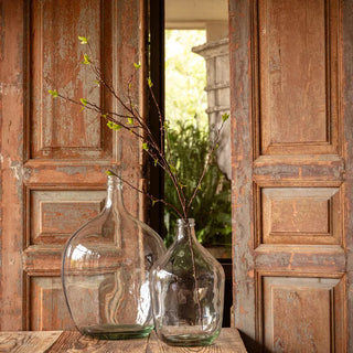 Two clear glass bottles with branches against a rustic wooden door.
