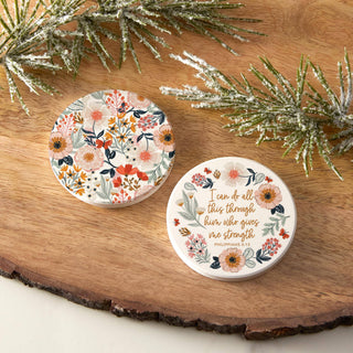 Set of two floral ceramic car coasters featuring a colorful garden pattern and the Philippians 4:13 Scripture message.