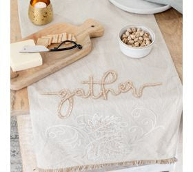 Gather Embroidered Beige Table Runner