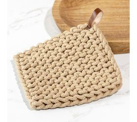 Oatmeal Chunky Knit Pot Holder with Leather Strap