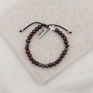 Family Virtues Bracelet for Him- Wood Beads/Hematite