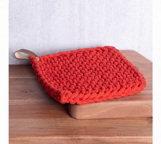 Red Knit Pot Holder with Leather Strap