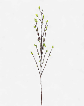 A single artificial willow branch with brown twigs and small bright green leaves, isolated on a plain white background.