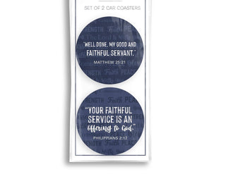Set of two navy Christian ceramic car coasters featuring Scripture messages about faithful service from Matthew and Philippians.