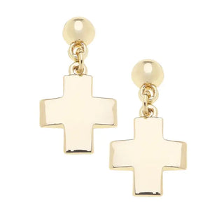 A pair of gold-plated drop earrings featuring a polished cross dangle and a round ball stud, shown against a plain white background.